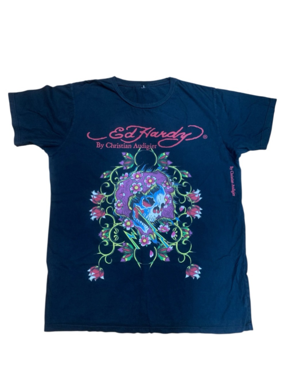 Y2k Men's Ed Hardy Graphic Tee, Black and Pink, flaws